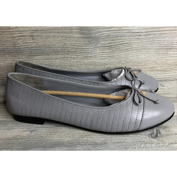 TORY BURCH Cap Toe Quilted Ballet Flat Bay Gray Leather Shoes Sz 10 BRAND NEW - Picture 5 of 10